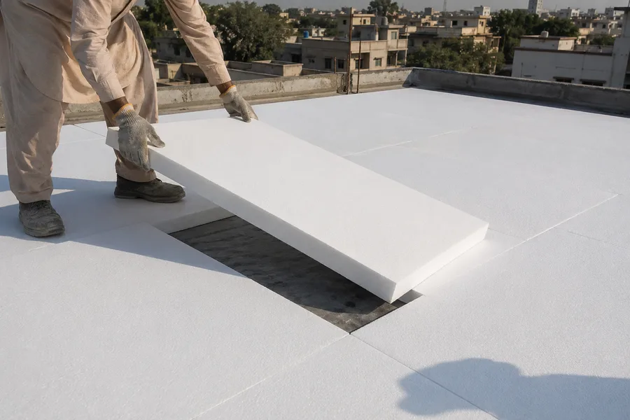 TKG EPS insulation sheet being installed on a rooftop